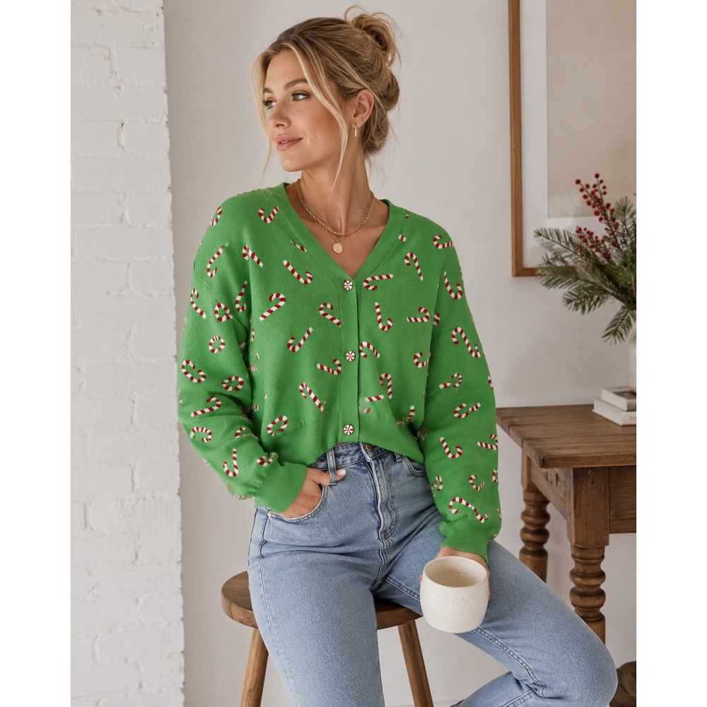 Grayson Threads Womens Green Candy Cane Christmas Cardigan Sweater Cropped XS